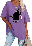 Women's Halloween Funny Black Cat with Knife Print Oversized T Shirts V Neck Tees Half Sleeve Tunic Tops