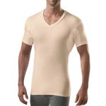 The Thompson Tee Men's Sweatproof Undershirt | V Neck T-Shirt with Underarm Sweat Pads | Slim Fit | Aluminum-Free Alternative | Beige | Large