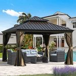 Domi Outdoor Living 12’ X 12’ Hardtop Gazebo Outdoor Aluminum Gazebo with Galvanized Steel Double Roof for Lawn and Garden, with Curtains & Net (Brown)