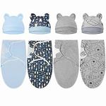 Hicarer 4 Pack Baby Swaddle Blanket with Hats Adjustable Infant Swaddle Wrap Unisex Cotton Newborn Clothes for Baby Boys Girls 0-3 Months (Blue, Bear, Gray, Bottle)