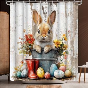 Aperturee Easter Shower Curtain Set, Spring Bunny Rabbits Eggs Floral Rustic Wooden Decorative for Bathroom, Bath Decorations with 12 Plastic Shower Hooks,72x72 Inch