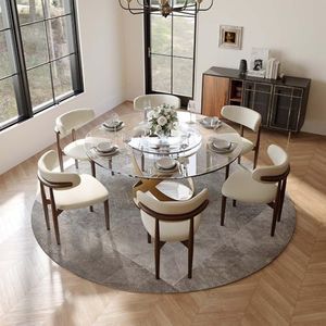 POVISON Round Dining Table Set for 6, Cotton Linen Dining Chairs Set of 6 with Glass Dining Table with Lazy Susan(59" Dining Table + 6 Chairs)