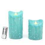 CVHOMEDECO. Real Wax Hand Dipped Battery Operated LED Pillar Candles with Timer and Remote Control, Primitives Rustic Flickering Dancing Flame Lights Décor, H 6 & 4 Inch, Set of 2 (Teal)