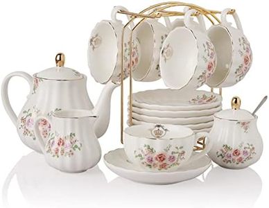 Porcelain Tea Sets British Royal Series, 8 OZ Cups & Saucer Service for 6, with Teapot Sugar Bowl Cream Pitcher Teaspoons and Tea Strainer, Suitable for High Tea, Wedding, Party（Rose Flower）