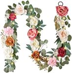 Valery Madelyn Pre-Lit Spring Flower Garland for Mantle with Lights, 6 feet Fake Roses Artificial Floral Vines Hanging Garland Decorations for Mothers Day Wedding Anniversary Party Table Home Decor