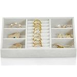 Vlando Jewelry Tray With 6 Grids & Rings Slot - Small Stackable Organizer for Drawer, Soft Lining DIY Combinations Tray - White