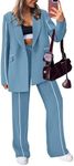 PRETTYGARDEN Women's Fall 2 Piece Blazer Outfits Business Casual Oversized Jacket Wide Leg Work Pants Dressy Suit Set (Blue,Large)