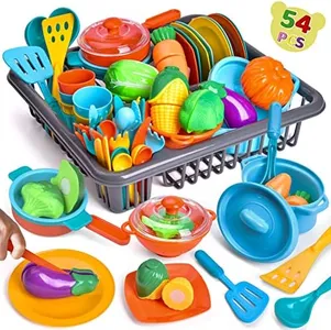 Play Dishes for Kids Kitchen, 54PCS Food Toys Play Food for Kids Kitchen Including Play Dishes Pots, Pans & Pretend Food Pretend Toys for Toddlers