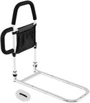 GYMAX Safety Bed Rail, Metal Bedside Assist Rail with Dual Foam Handles, Storage Pocket and Fixing Strap, Medical Bed Handrail Bar for Elderly Adults