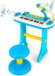 COSTWAY 31-Key Kids Electronic Keyboard with Stool, Microphone, Flashing Lights, Recording & Playback Function, Musical Instrument Toy Piano for Boys Girls (Blue)
