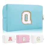 Personalized Initial Letter Patch Makeup Bag, Preppy Chenille Letter Cosmetic Pouch with Zipper, Blue/White-Letter, Q, Fashion