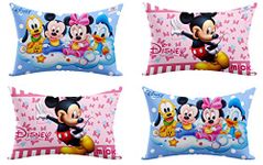 Heart Home Disney Printed Toddler Kids Pillow Silky Soft Microfiber Polyester, Perfect for Travel,Toddler Cot,12"x18" (Sky Blue & Pink)-Pack of 4-KUBMART15846