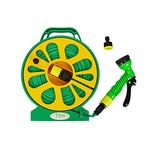 15m Flat Garden Hose Pipe & Reel with Spray Nozzle 50FT – Compact Hose Pipe Reel - Outdoor Mini Hose Gun with Adjustable Spray Gun - Hosepipe & Reel Easy Storage for Garden(Green & Yellow)