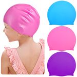 Zhanmai 3 Pieces Kids Swim Caps for Long Hair Silicone Swimming Cap for Girls Boys Kids Teens with Long Curly Hair Braids Dreadlocks Large Waterproof Swim Hat (Pink, Light Blue, Purple)