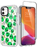 GULTMEE Schutzhülle für iPhone 12 & iPhone 12 Pro 6.1 Zoll mit 1 Displayschutzfolie, grüner cooler Alien-Druck, schlankes Design mit stoßfestem PC-Stoßfänger, Mädchen, Herren