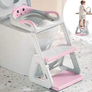 Kakeyrun Potty Training Toilet Seat, Upgrade Toddler Toilet Seat for Boys and Girls, 2-in-1 Potty Training Toilet with Step Stool Ladder Soft Cushioned Seat Splash Guard (Pink)