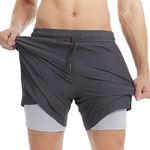 MaaMgic Mens Swim Trunks with Compression Liner 2 in 1 Swimming Shorts Stretch 7" Swimwear Quick Dry Bathing Suits,Grey+Light Grey,Medium