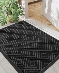 DEXI Door Mat, Durable Heavy Duty Outdoor Indoor Doormat, Stain and Fade Resistant, Low Profile, Non Slip Front Door Mats, Easy Clean Patio Entryway Floor Mat, 45 x 75 cm, Black