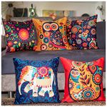 Amazon Brand - Umi Satin 250TC Cushion Pillow Covers, Multicolor, Set of 5 (16X16 Inches, Owl & Elephants)