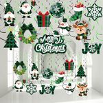 30 Pieces Christmas Hanging Foil Swirl Decorations Set Xmas Holiday Snowman Elk Sign Hanging Swirls Ceiling Decorations for Indoor Outdoor Happy Christmas Holiday Party Decor (Green, Black)