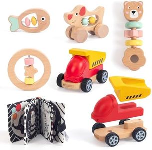 Wooden Rattle for Baby, Montessori Infant Toys Set with Pull Along car, Soft Cloth Book, Hand Rattles,Developmental Toy for 1 Year Old Girl Boy Birthday Gift
