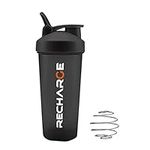 RECHARGE – Protein Powder Shaker Bottle with Mixer Ball, Leak-Proof Screw-On Lid and Secure Drinking Flip Cap, 100% BPA Free, 600 ml (Black)