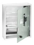 WENKO Medicine Cabinets with Lock, Wall Mounted Over The Toilet Storage Shelves, First Aid Bathroom Wall Cabinet with Safety Glass Door, Medium, 11.8 x 15.7 x 4.7 in, Silver Shiny