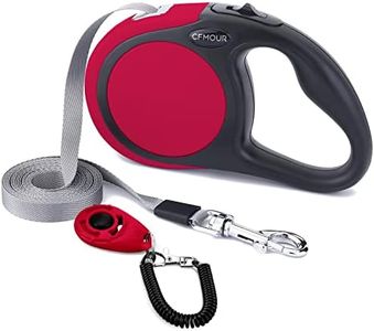 CFMOUR Retractable Dog Lead, 5m/50kg Red Heavy-Duty Extendable Dog Leads for Medium to Large Dogs; Strong Nylon Tape Ribbon Leash, One-Button Brake&Lock, Bonus Training Clicker