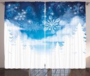 Winter Decorations Curtains by Ambesonne, Christmas Trees Setting with Snowflakes and Stars New Year Graphic Image, Living Room Bedroom Window Drapes 2 Panel Set, 108W X 96L Inches, Blue White