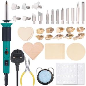 YIHUA 930-IV Wood Burning Kit Pyrography Pen Tool Kit with Heat Adjustable Wood Burning Pen, 25 Pyrography Tips, 10 Wood Pieces, 2 Wood Burner Stencils, Pyrography Wood Burning Tool Set (UK Plug)