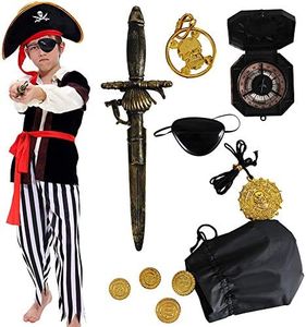 Pirate Costume Kids Deluxe Costume Pirate Dagger Compass Earring Purse for Halloween Party (M)