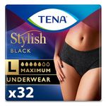 TENA Stylish Black Incontinence Cotton Underwear for Women, Maximum Absorbency, Large, 32 ct (2 Packs of 16)
