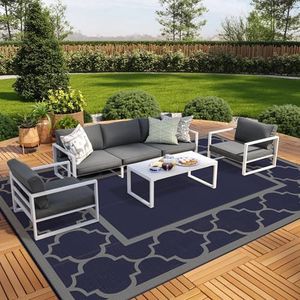 GENIMO 10 'x20 ' Outdoor Rug for Patio Clearance, Waterproof Indoor Outdoor Plastic Straw Rugs Carpet, Reversible Outside Area Rv Mat for Camping, Balcony Porch, Deck, Picnic, Beach (Blue & Grey)