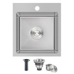 ROVATE 13 x 15 inch Drop in Bar Sink, Small Kitchen Sink Topmount Single Bowl, 304 Stainless Steel Bar Sink Overmount Handmade with Basket Strainer, 13 x 15 x 8 inch