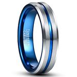 TUNGSTORY Mens Blue Ring Band 6mm Grooved Tungsten Carbide Engagement Wedding Band Silver Polished Size Q