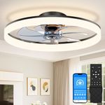 VOLISUN Low Profile Ceiling Fans with Lights and Remote, 24in Flush Mount Ceiling Fans with Light, Dimmable Fandelier LED Fan Lights, Bladeless Ceiling Fan with Light for Bedroom(Black)