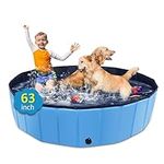 CACSPS Foldable Dog Pool, 63" x 12" Kiddie Pool with Hard Plastic, Non-Slip Dog Bath Tub for Outdoor Backyard, Collapsible Dog Swimming Pool for Kids Dogs Pets (Blue)