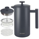 Secura French Press Coffee Maker, 304 Grade Stainless Steel Insulated Coffee Press with 2 Extra Screens, 34oz (1 Litre), Grey