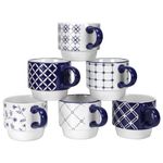 Schliersee Ceramic Coffee Mugs Set of 6, 12Oz Geometric Floral Pattern Stackable Mug, Blue and White Porcelain Coffee Mug, Stacking Coffee Mugs, Tea Mug, Water Cup, Dishwasher Safe, Microwave Safe