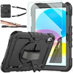 iPad 10th Generation Case, iPad 10 Case 10.9'' 2022, [Kid Proof] Ambison Full Body Protective Case with 9H Tempered Glass Screen Protector, 360° Rotatable Kickstand & Hand Strap (Black)