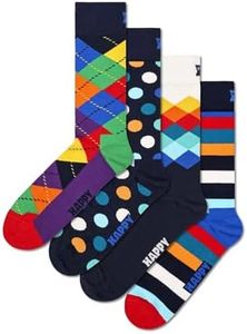 Happy Socks, 4-Pack Gift Box Crew Socks, Mixed Patterns Socks for Men and Women, Multi-Colors Gift Set - XMIX09-6050, 7-11
