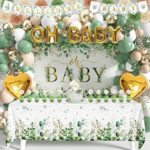 WHYMEO Sage Green Baby Shower Decoration for Girl Boy 99Pcs, Boho Greency Neutral Party Supplies with Oh Backdrop Tablecloth Balloon Garland Kit Woodland Safari Gender Reveal Decor