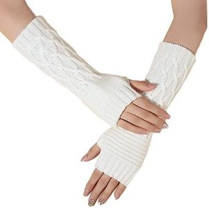 Lopsity Arm Warmers Women Thumbhole Warm Winter Striped Arm Warmers Long Fingerless Gloves Knitted Warm Weave Glove, White, One Size