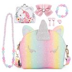 JYPS Unicorn Purse for Little Girls, 7Pcs Cute Crossbody Bags with Kids Dress Up Jewelry Set Pretend Play Accessories, Birthday Presents Gifts Toy for Girl, Toddler