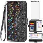 Asuwish Phone Case for LG Velvet 5G/LGVelvet Verizon G5 UW T-Mobile 2020 Wallet Cover with Screen Protector and Wrist Strap Flip Card Holder Bling Glitter Cell LM G900UM 4G Tmobile Women Girls Black