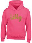 Hippowarehouse Personalised name Glitter kids children's unisex Hoodie hooded top Fuchsia Pink