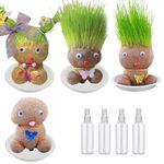 4PCS Grass Head Doll Bonsai Growing Plants, Grass Head Doll Plant with Trays & Spray Bottles, Growing Grass Head Doll Mini Bonsai Grass Head Plants Self Growing Grass Garden Decoration Gift for Kids