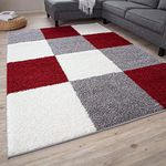 RM Handloom Living Room Carpet for Home | Polyester Hall Centre Peice Shaggy Rug & Runner for Bedroom | Anti-Skid Soft and Fluffy Carpets for Floor and Home Decor. (4 x 6, Block Red)