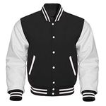 Fashion_First Men's Black White Varsity Letterman College Baseball Jackets - Fleece Bodice And Faux PU Leather Sleeves Bomber Jackets