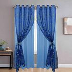 JVIN FAB 2 In 1 Cotton Floral Embroidery 80% Blackout Door&Window Double Grommet Curtains Pooja /Living /Dining Hall/Hotel/Bedroom/Kid Room/Kitchen (Transparent, Navy Blue, 7 Ft) - Set Of 2 Pieces